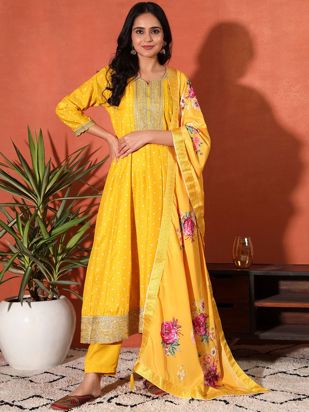 Sangria Women's Sequin Embroidered & Floral Printed Anarkali Kurta Sets