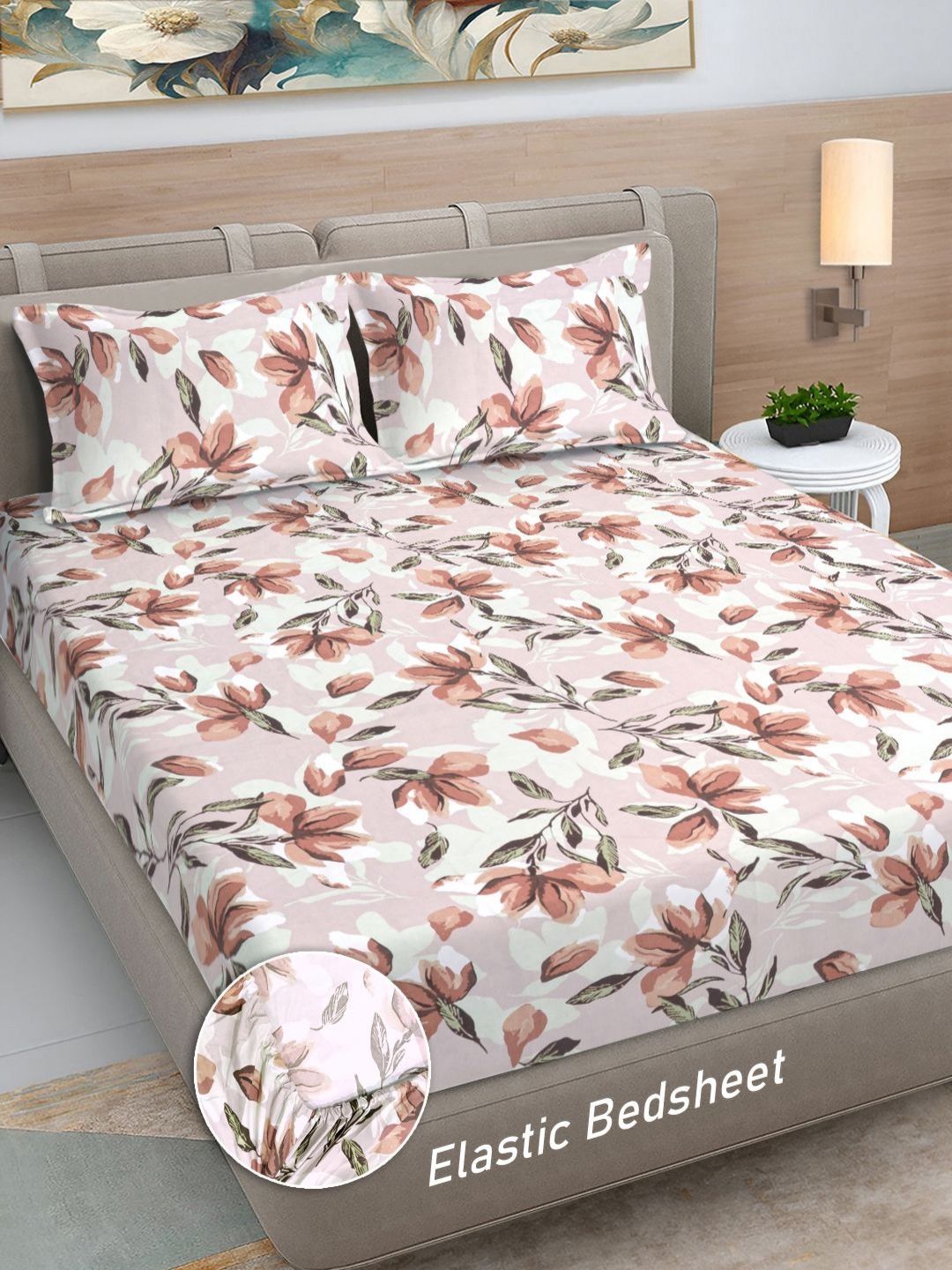 Myntra Elegant Homes Brown & White Floral 300TC Fitted Double King Bedsheet Set-2.5mX2.25m-picture-26