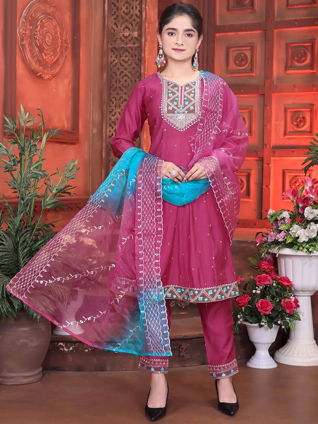 7Tiara Girls Embroidered Empire Sequinned Kurti with Pyjamas & With Dupatta-picture-18