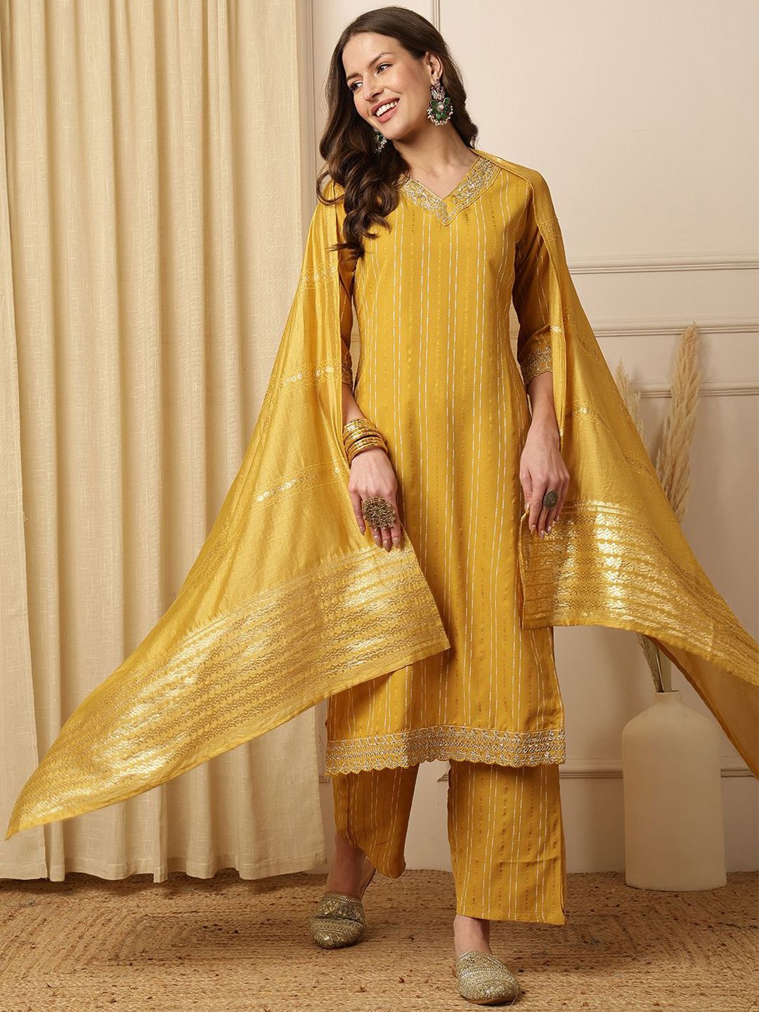 Anouk Women Floral Embroidered Sequinned Kurta with Trousers & With Dupatta