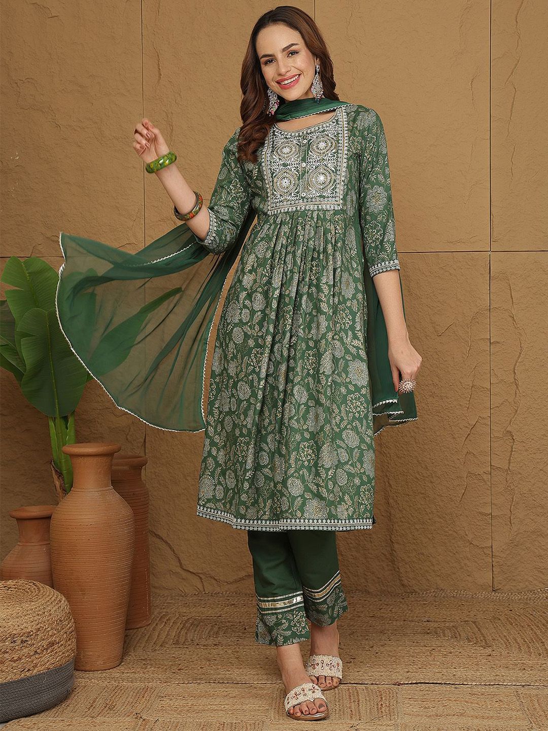 Anouk Floral Printed Mirror Work A-Line Kurta With Trousers & Dupatta