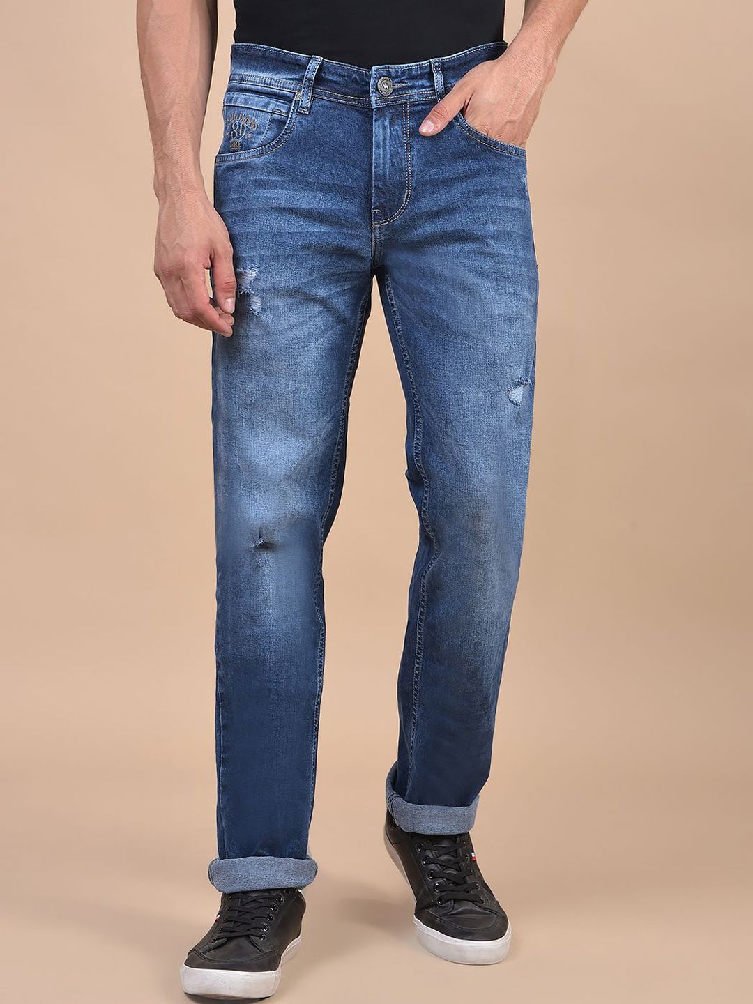 Cantabil Men Regular Fit Mid-Rise Low Distress Light Fade Stretchable Jeans-picture-39