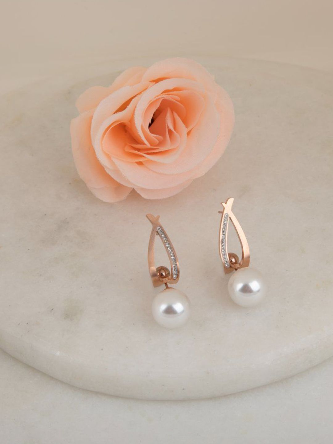 LA FILLE D'OR Rose Gold-Plated Cubic Zirconia Studded & Pearls Contemporary Drop Earrings-picture-19