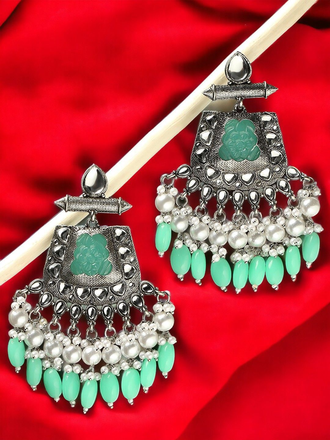 Sangria Artificial Stones Studded & Beaded Floral Shaped Oxidised Drop Earrings-picture-35