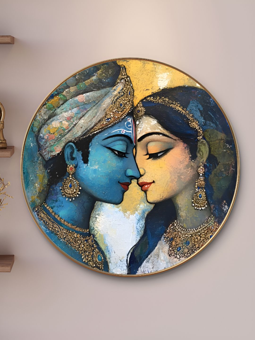 SAF Blue & Yellow Krishna And Radha Religious Printed Wooden Wall Art-image-22