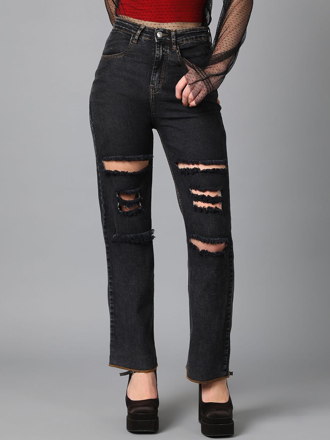 Stylecast X Kotty Women Straight Fit High-Rise Slash Knee Stretchable Jeans