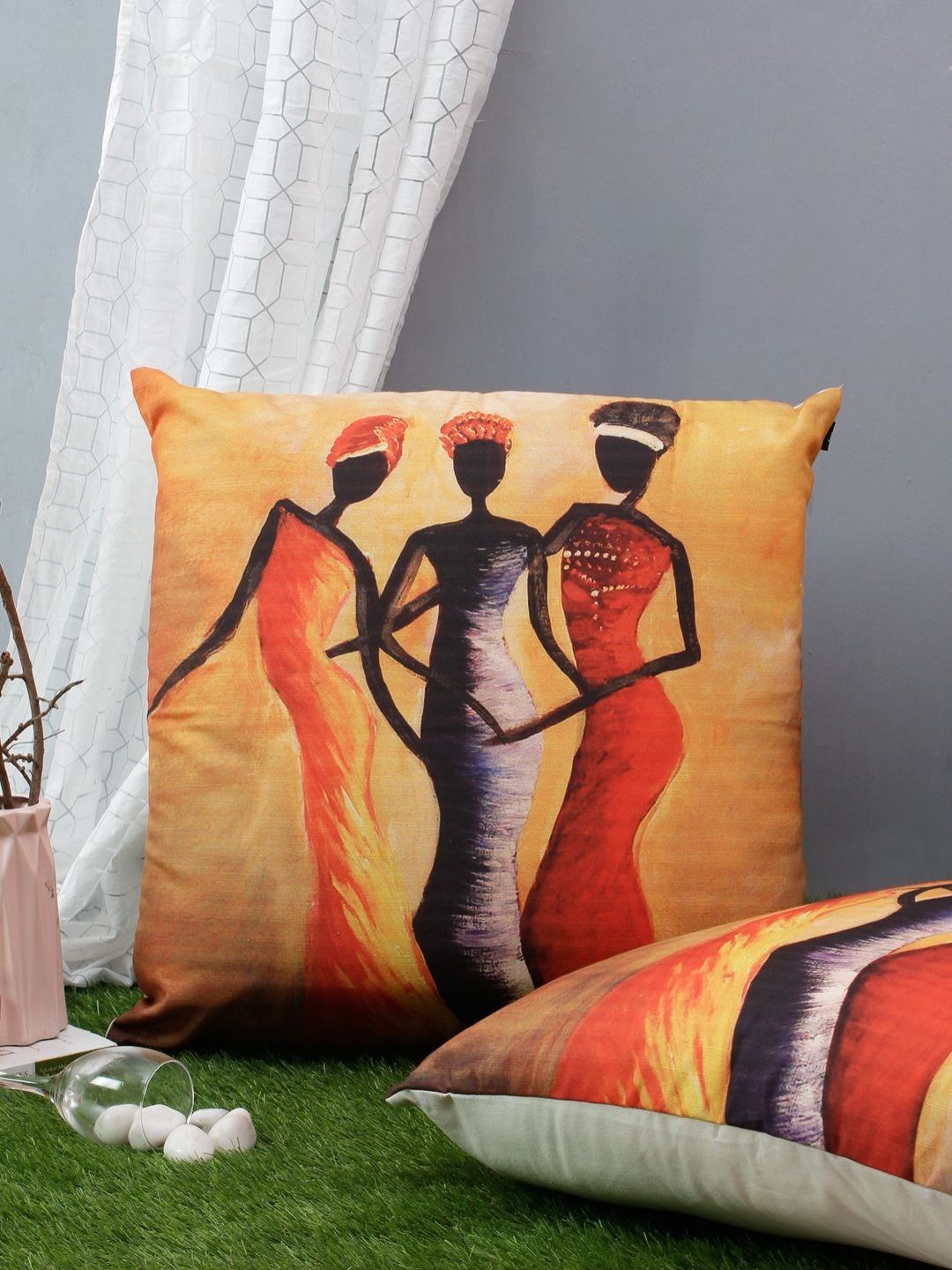 Aura Yellow & Grey 2 Pcs Ethnic Motifs Linen Square Cushion Covers-picture-13