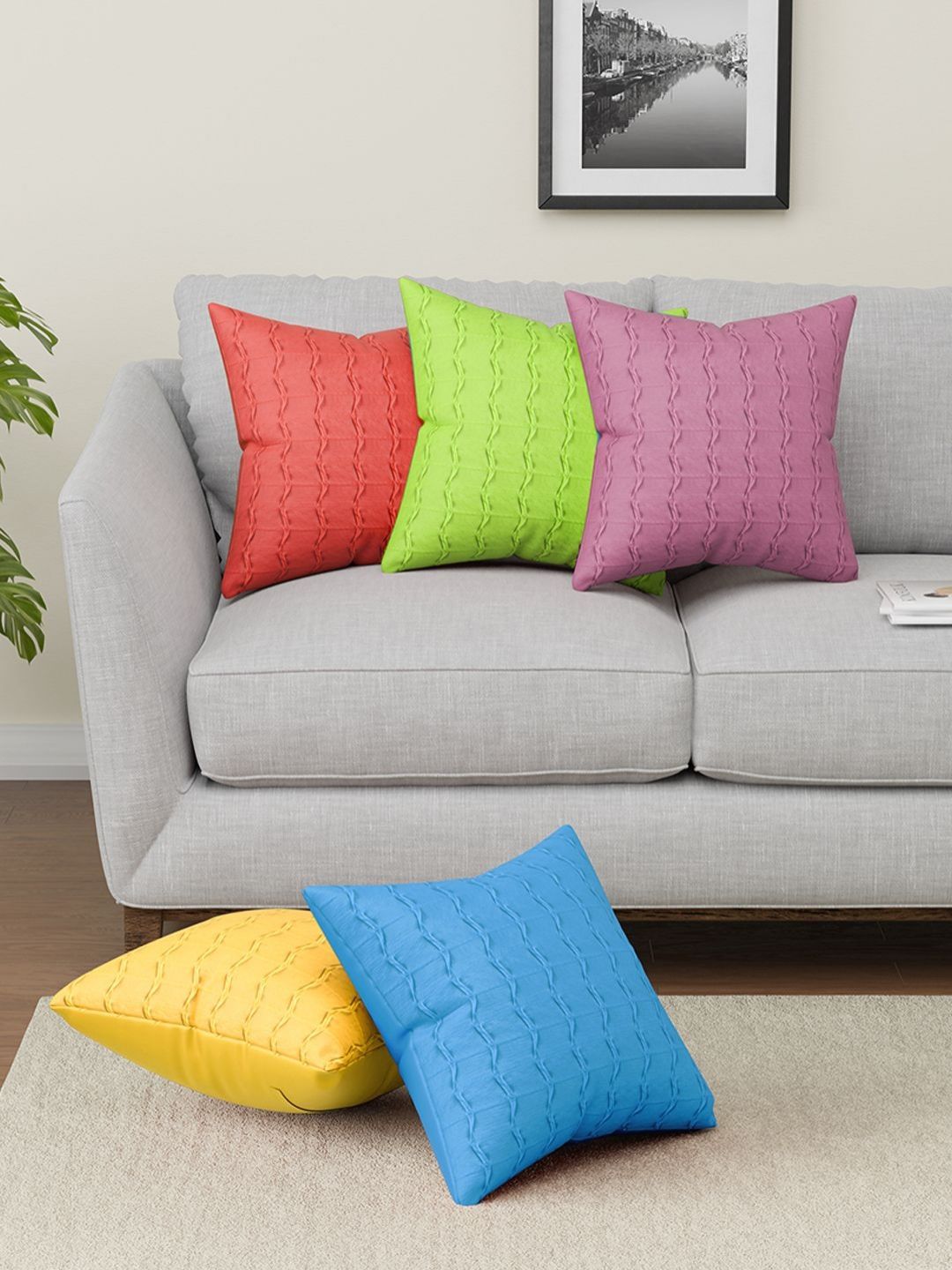 Aura Blue & Yellow 5 Pieces Square Cushion Covers-picture-29