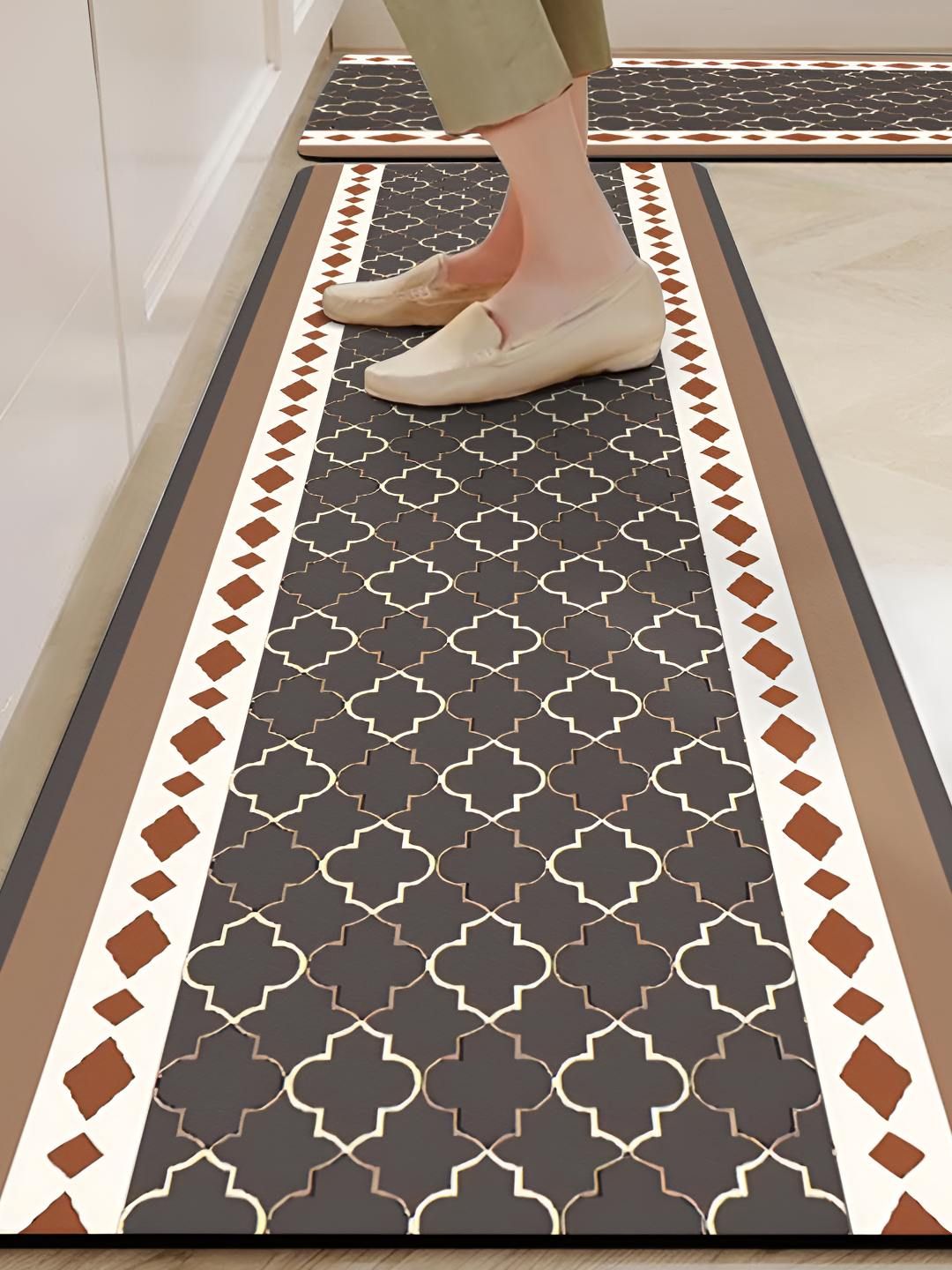 Yellow Weaves 2Pcs Coffee Brown & White Printed Kitchen Mats-image-48