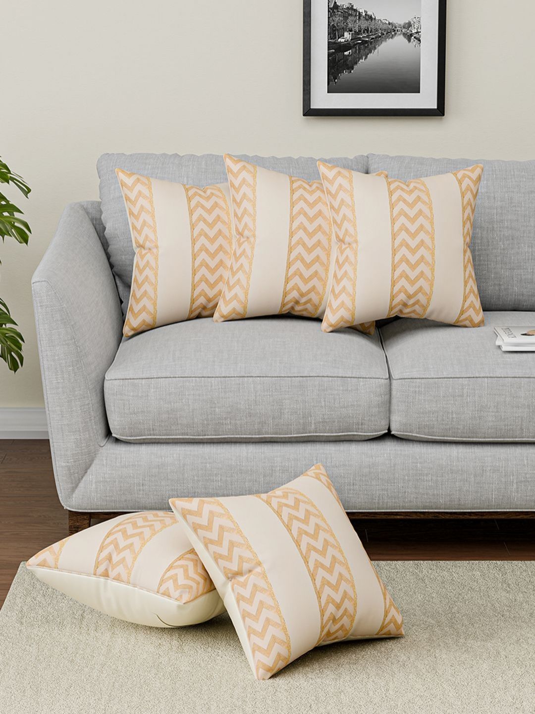 Aura Cream-Coloured & Gold-Toned 5 Pieces Square Cushion Covers-picture-40