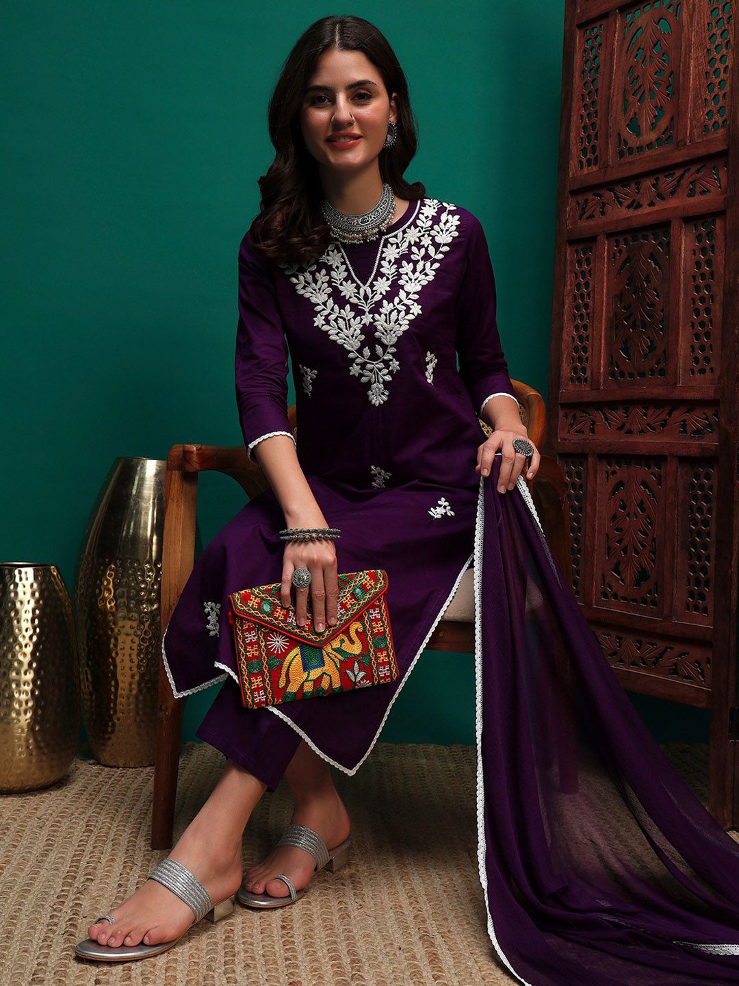 Sangria Floral Embroidered Chikankari Pure Cotton Straight Kurta With Trouser And Dupatta