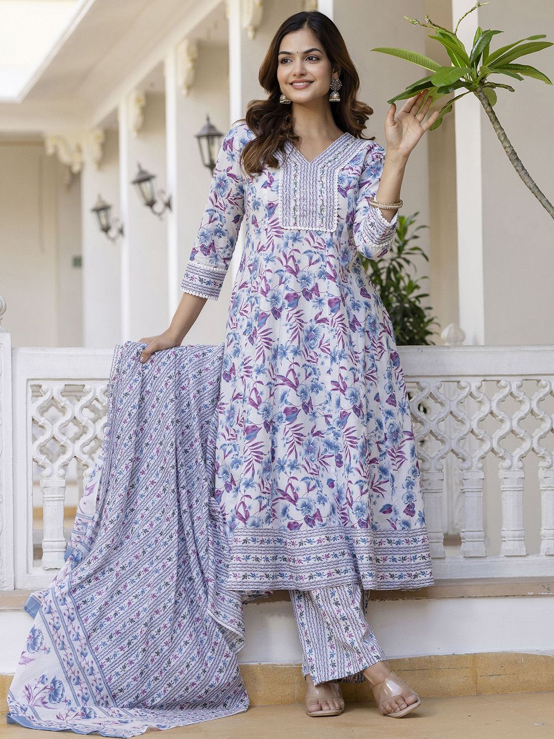 Anouk Women Floral Printed Regular Aari Work Kurta Trousers With Dupatta