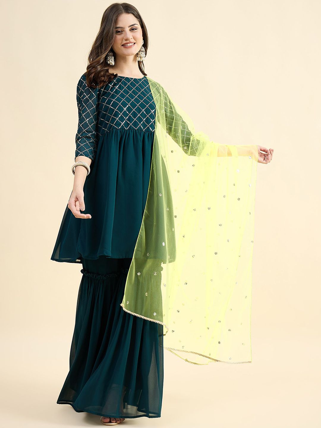 PANIT Women Embroidered Regular Sequinned Kurta with Sharara & With Dupatta
