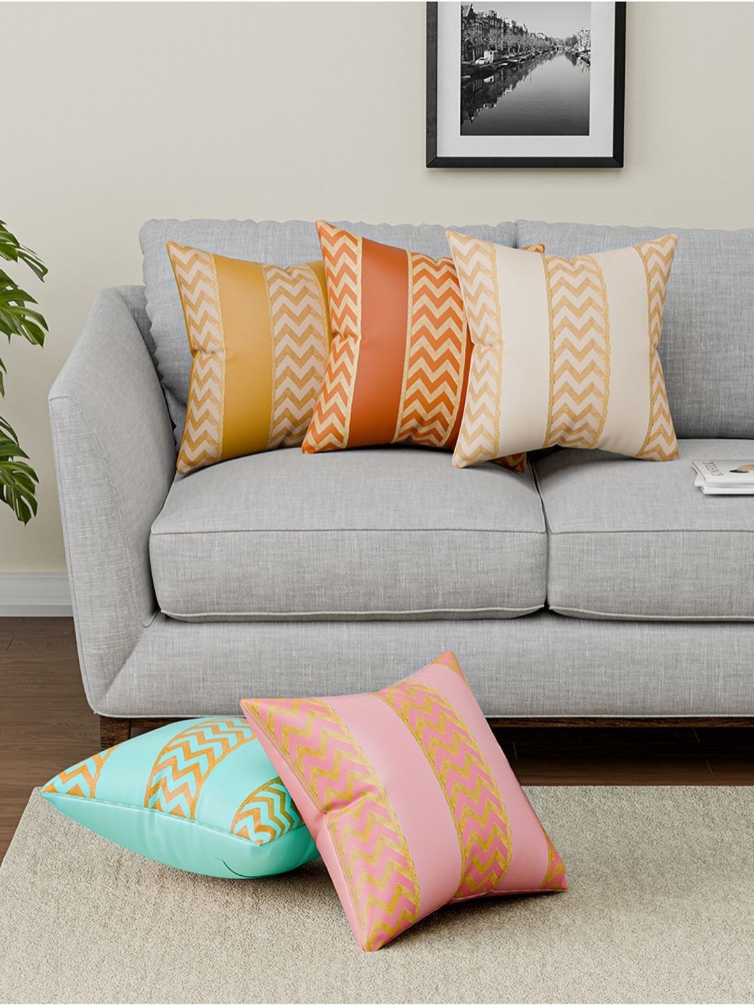 Aura Blue & Pink 5 Pieces Square Cushion Covers-picture-27