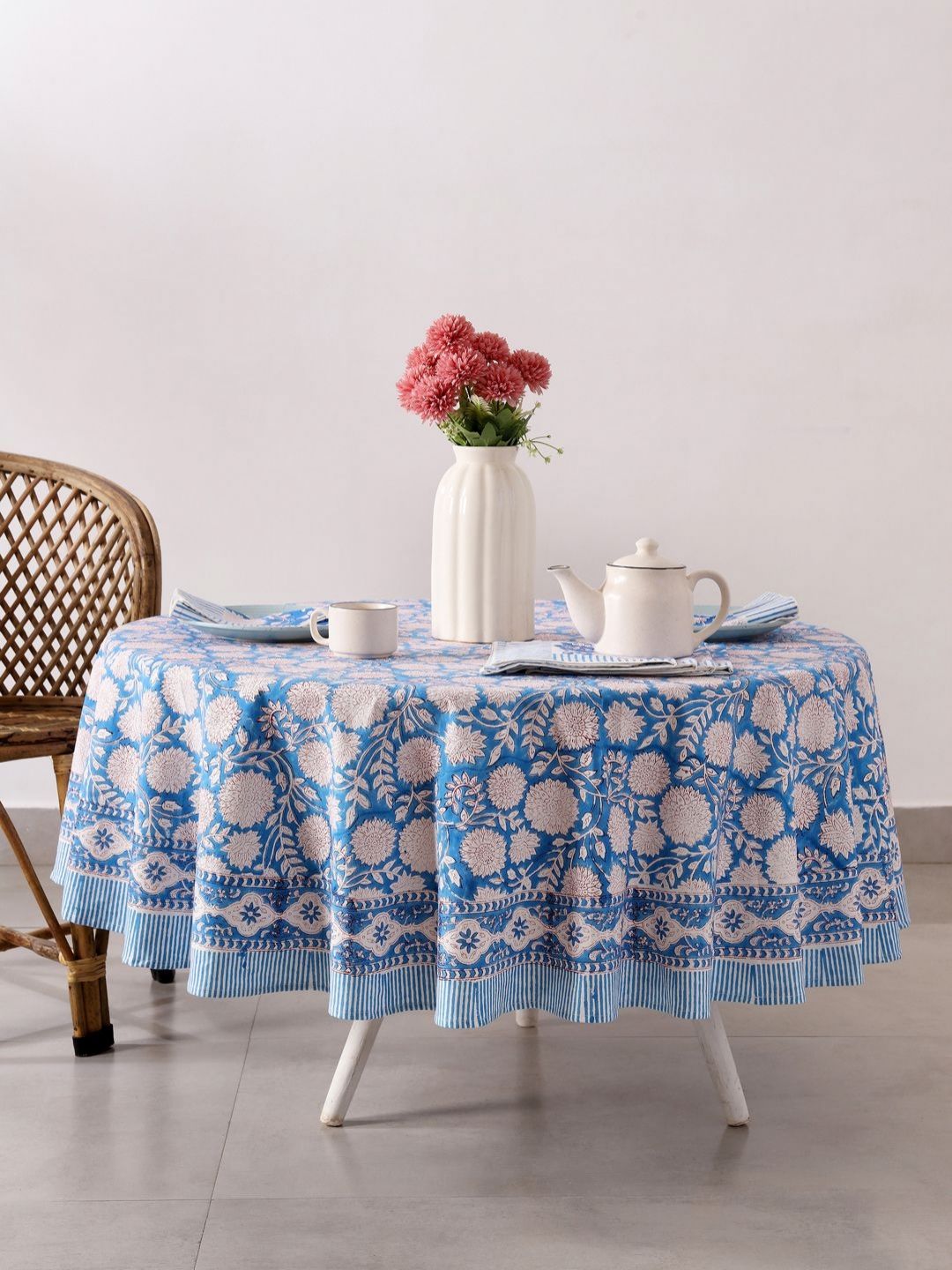 HANDICRAFT PALACE Blue & White Printed Cotton Round 6-Seater Table Cover With Napkin Set-picture-28