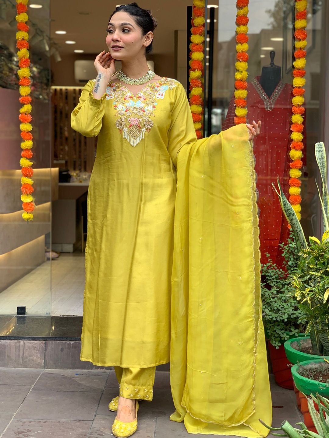 Moda Rapido Floral Embroidered V-Neck Chanderi Silk Kurta With Trousers & Dupatta