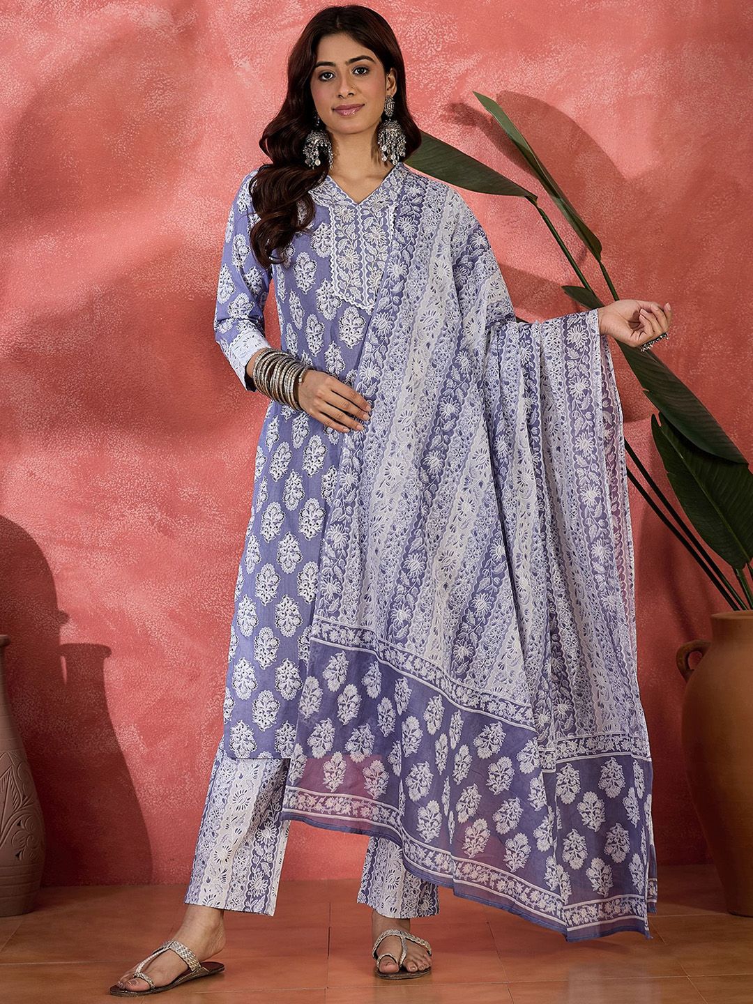 Sangria Women Ethnic Motifs Printed Pure Cotton Kurta with Trousers & With Dupatta