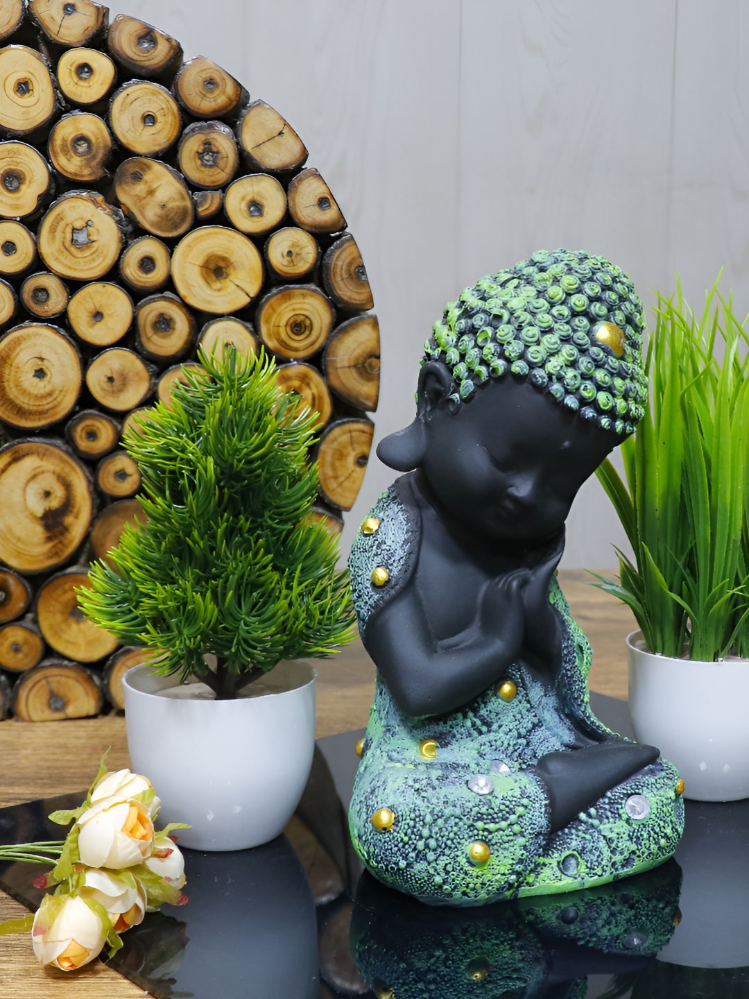 Aura Black & Green 3Pcs Buddha Idol Showpiece With Plants-image-22