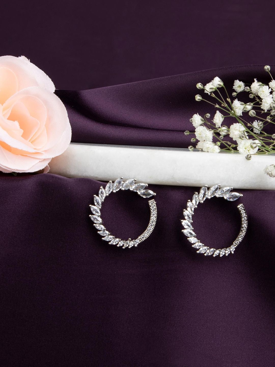 LA FILLE D'OR Silver-Plated Cubic Zirconia Studded Contemporary Hoop Earrings-picture-18