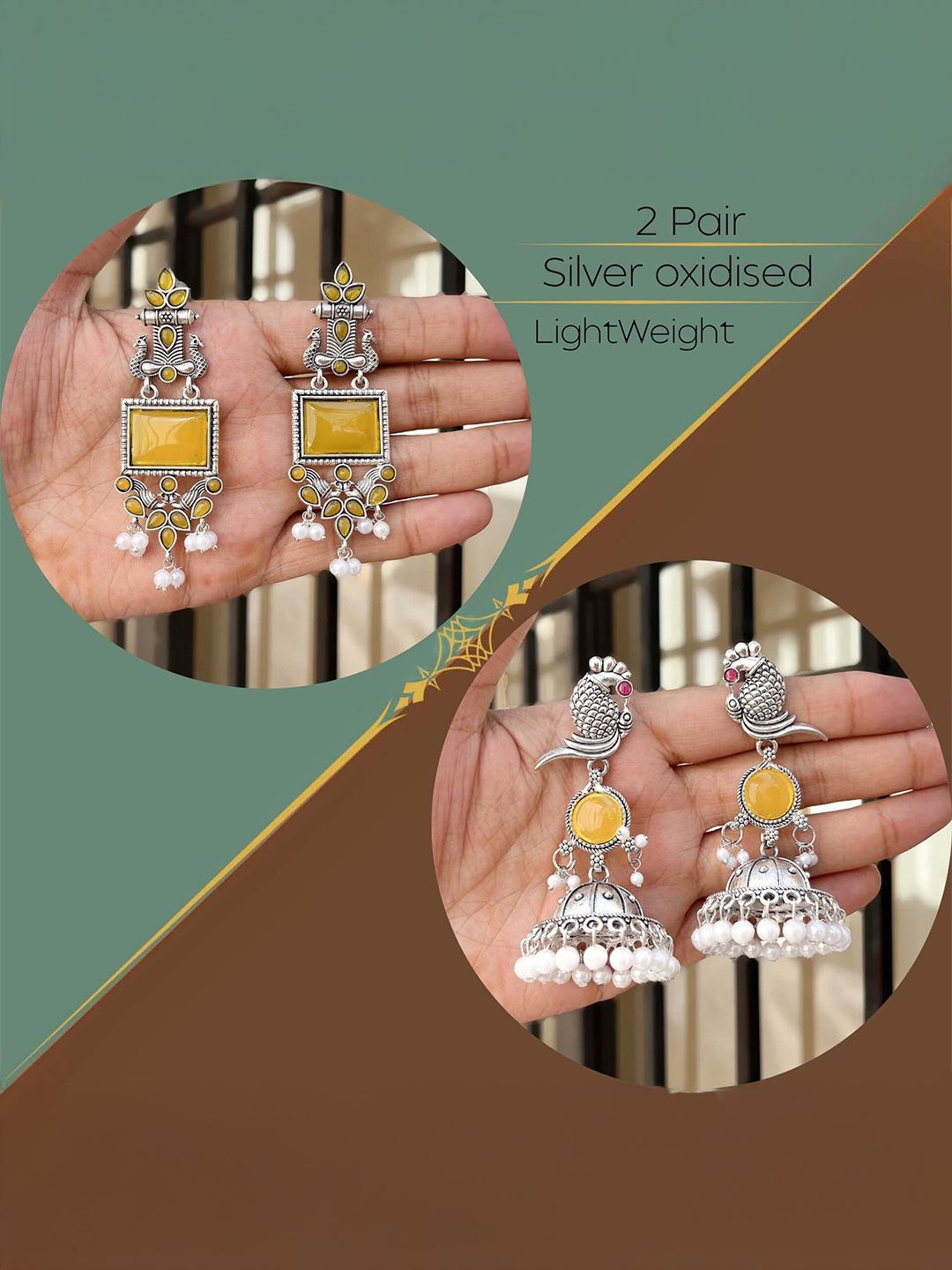 Anouk Set Of 2 Silver-Plated Artificial Stones and Beaded Geometric Drop Earrings-picture-10