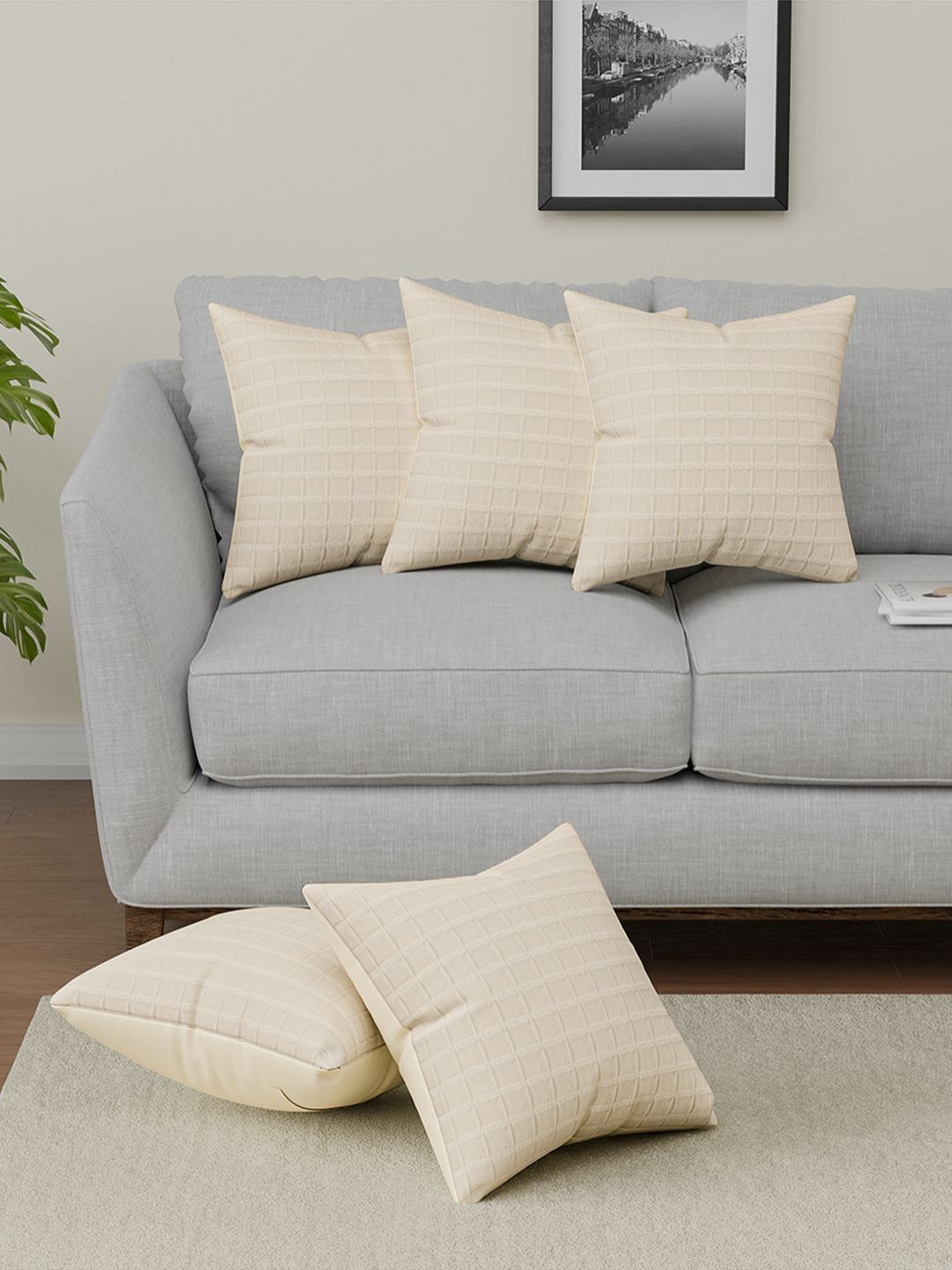 Aura Cream-Coloured 5 Pieces Square Cushion Covers-picture-11