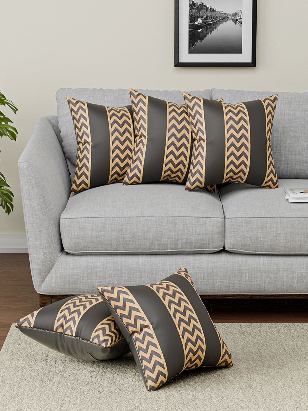 Aura Grey & Gold-Toned 5 Pieces Square Cushion Covers-picture-14