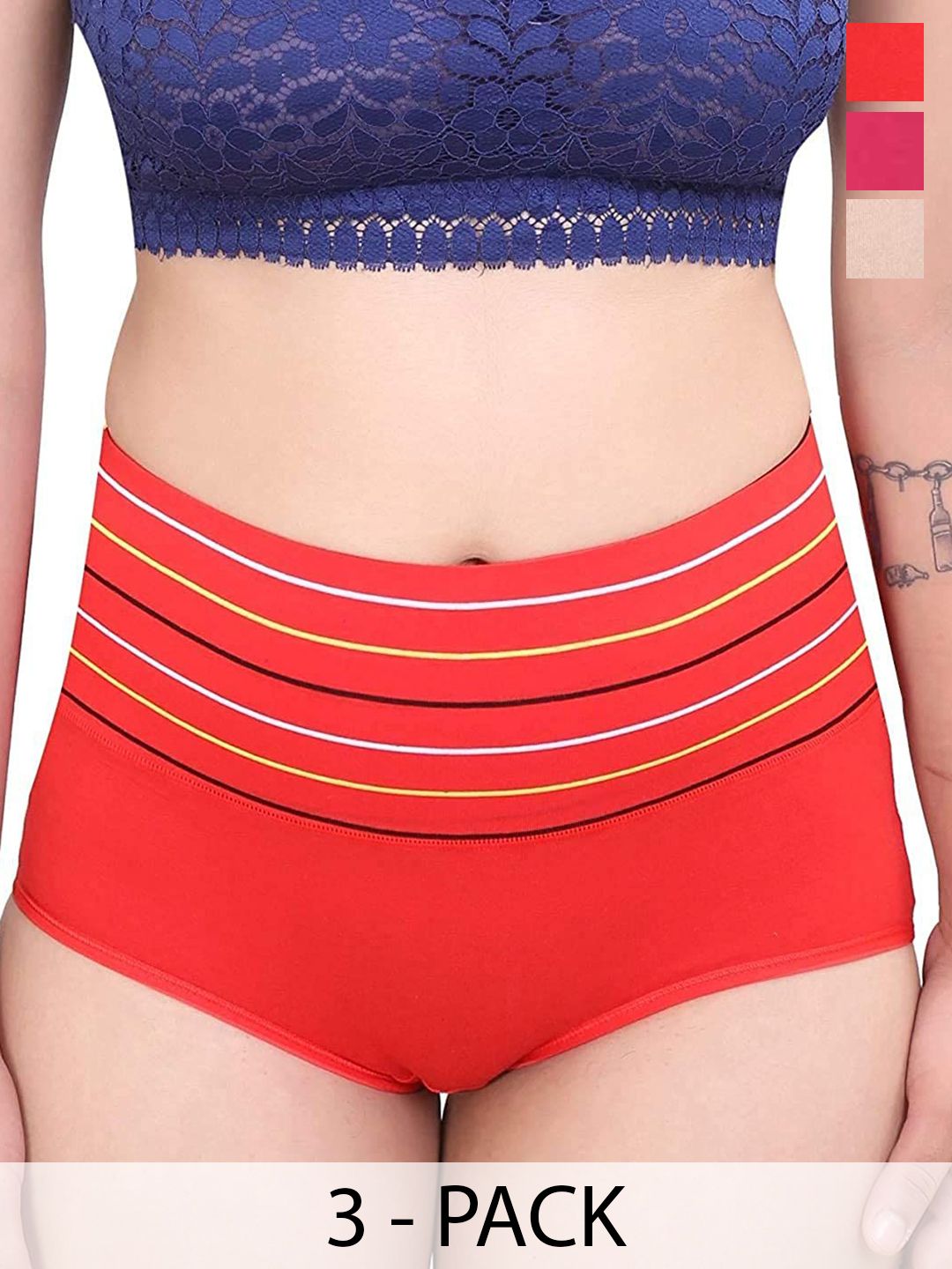 Taslar Pack Of 3 Striped Cotton Hipster Briefs 036TLARBREF_RD_CRM_PNK-picture-12