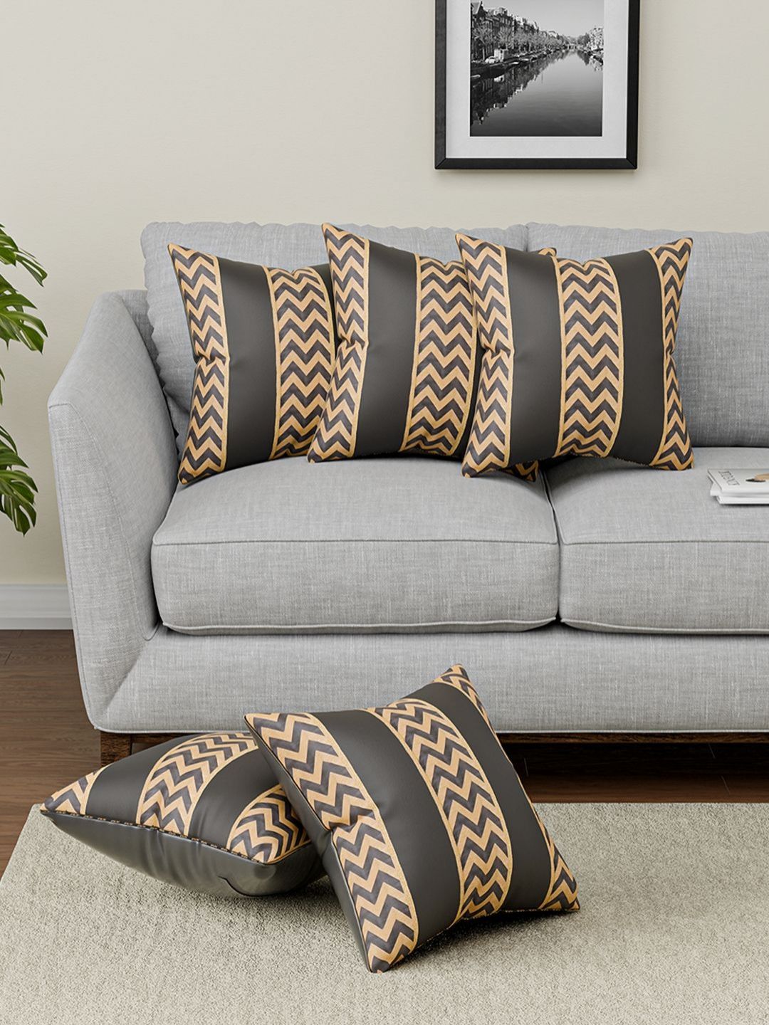 Aura Grey & Gold-Toned 5 Pieces Square Cushion Covers-picture-22