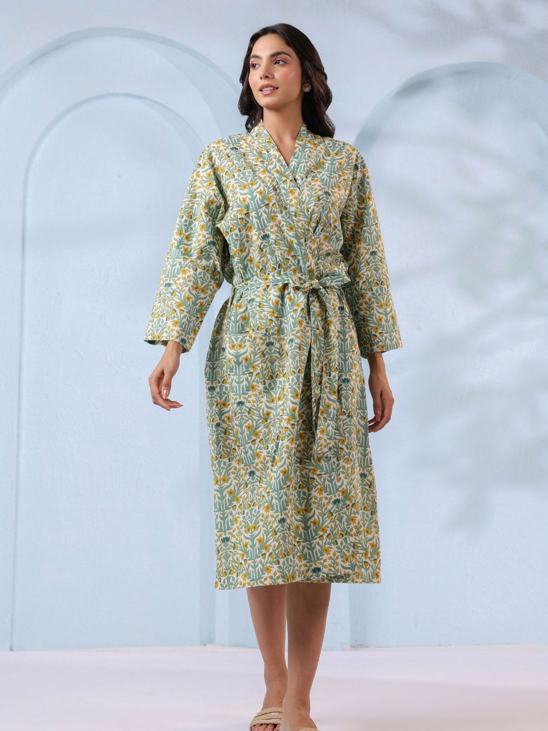 CRAFIQA Printed Pure Cotton Shawl CollarBathRobe