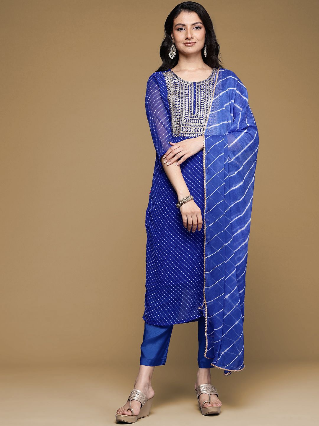 House of Pataudi Zari Embroidered Straight Kurta With Trouser & Dupatta