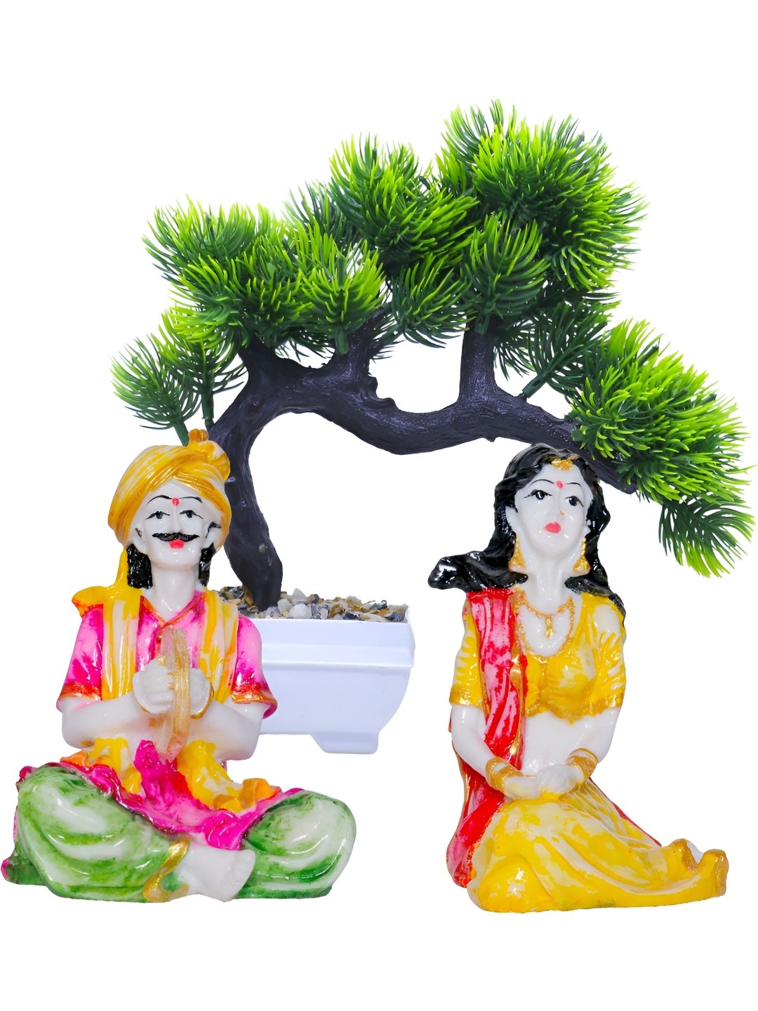 Aura 3 Pieces White & Yellow Figurine Showpiece With Artifical Plant-picture-37