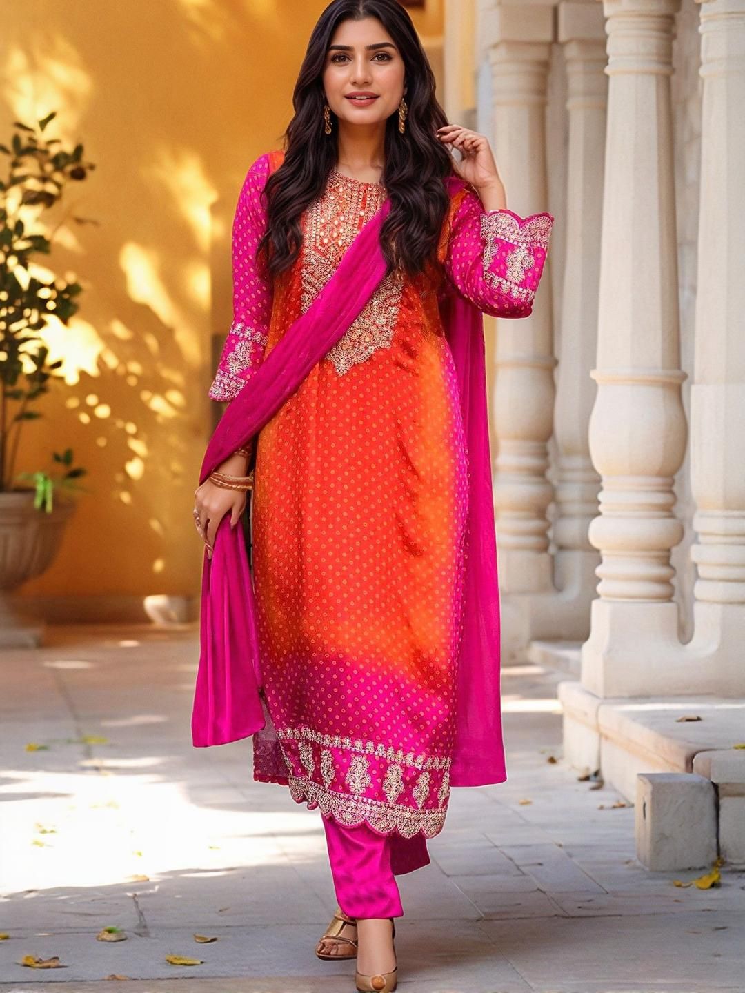 KALINI Women Pink Rayon Blend Printed Straight Kurta Set With Dupatta