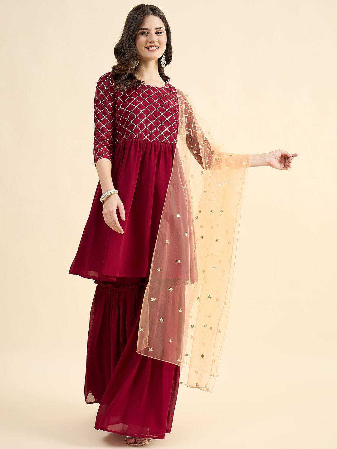 PANIT Geometric Embroidered Round Neck Anarkali Kurta With Sharara & Dupatta