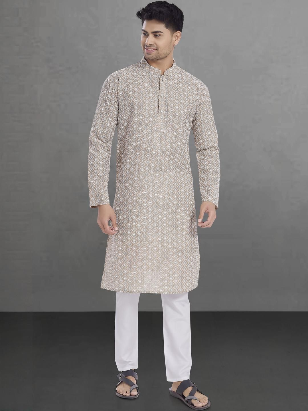 Pulseiq Men Geometric Embroidered Festive Cotton Straight Kurta-picture-38