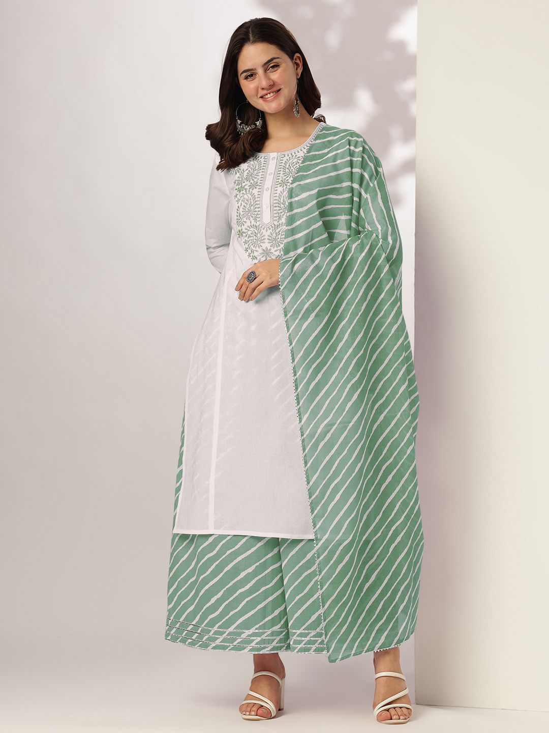 Janasya Women White & Sage Green Pure Cotton Yoke Embroidered Straight Kurta With Palazzo & Dupatta Set-image-37
