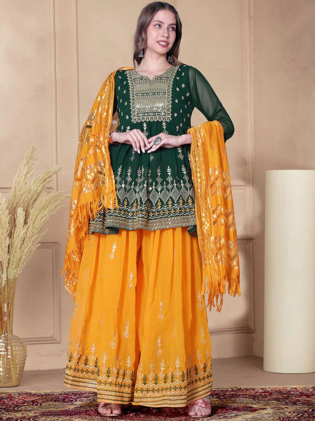 NANDKASHI Women Ethnic Motif Embroidered Thread Work Kurta Set With Dupatta