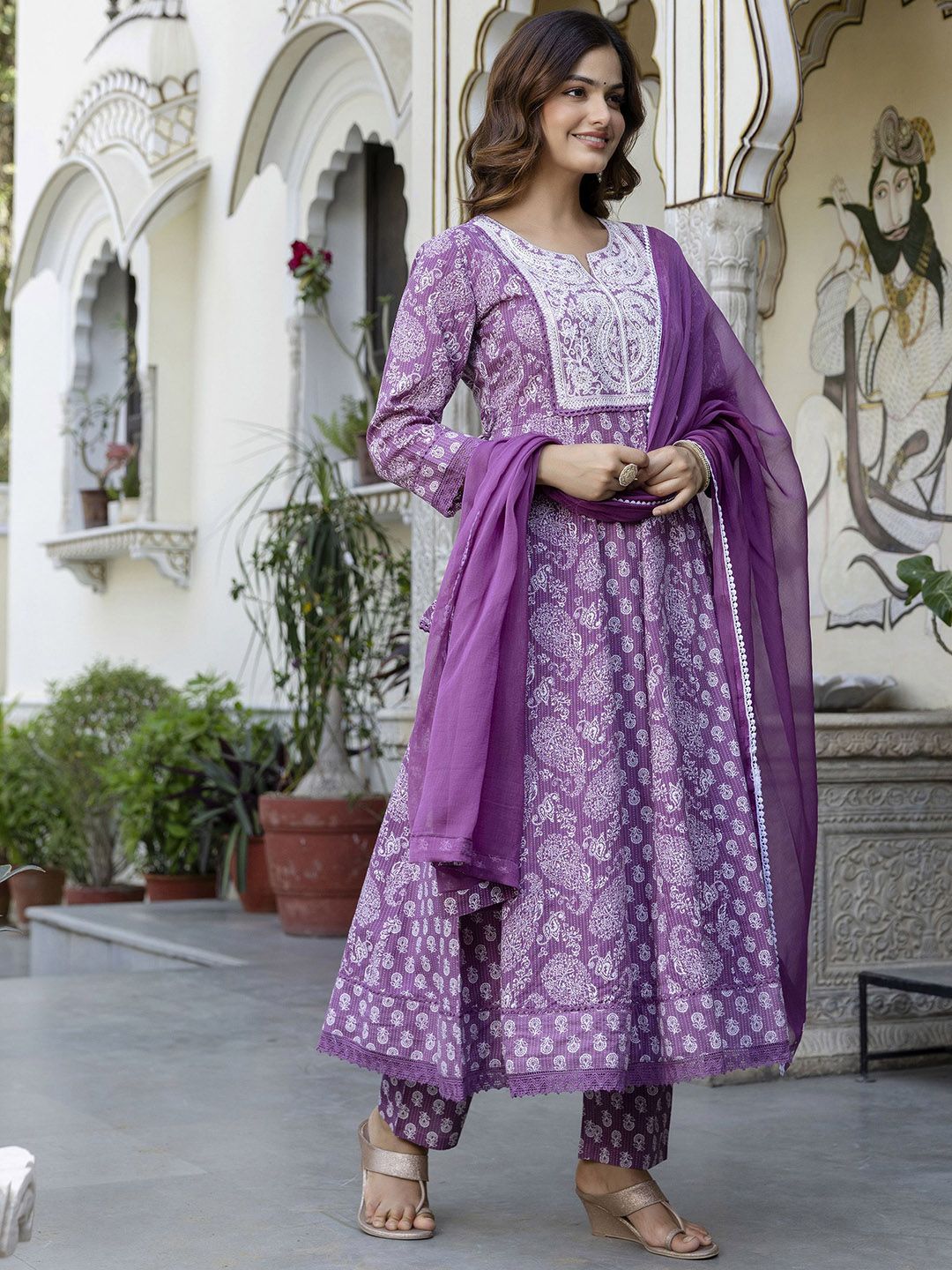 Anouk Paisley Printed Thread Work Pure Cotton Anarkali Kurta With Trousers & Dupatta