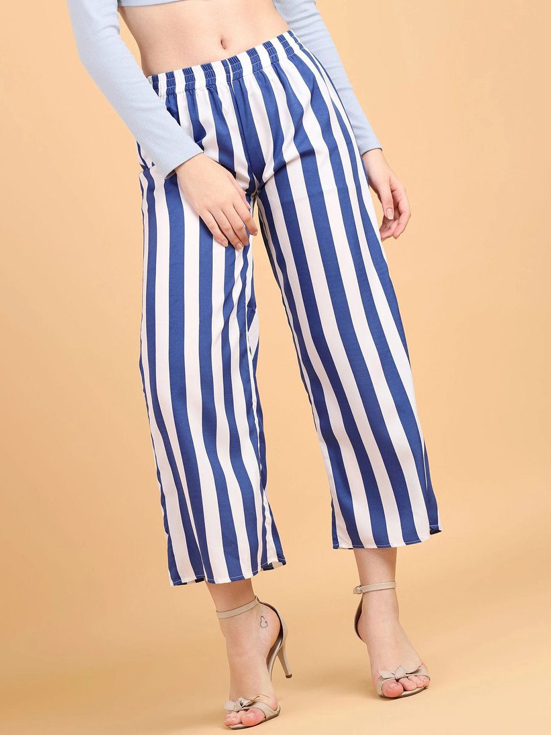 Popwings Women Striped Printed Smart Loose Fit Easy Wash Trousers-image-40