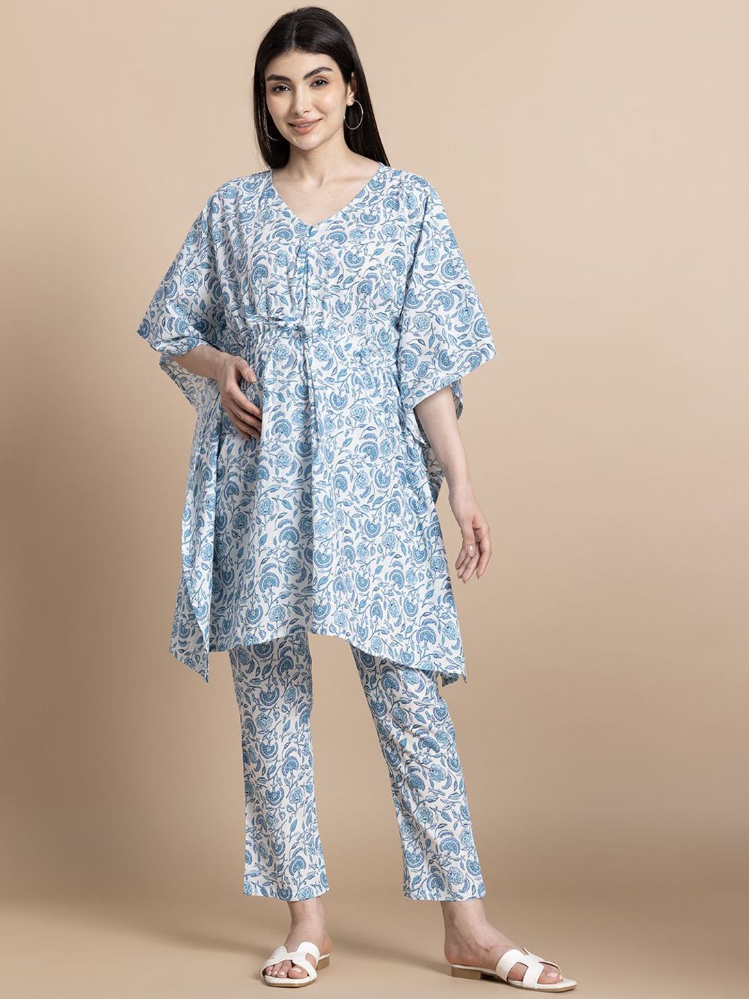 Gujari Women Maternity Floral Printed V-Neck Pure Cotton Kaftan Kurta with Trousers