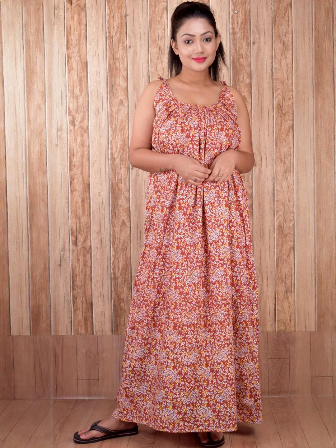 CLYMAA Yellow Pure Cotton Printed Maxi Nightdress-picture-55