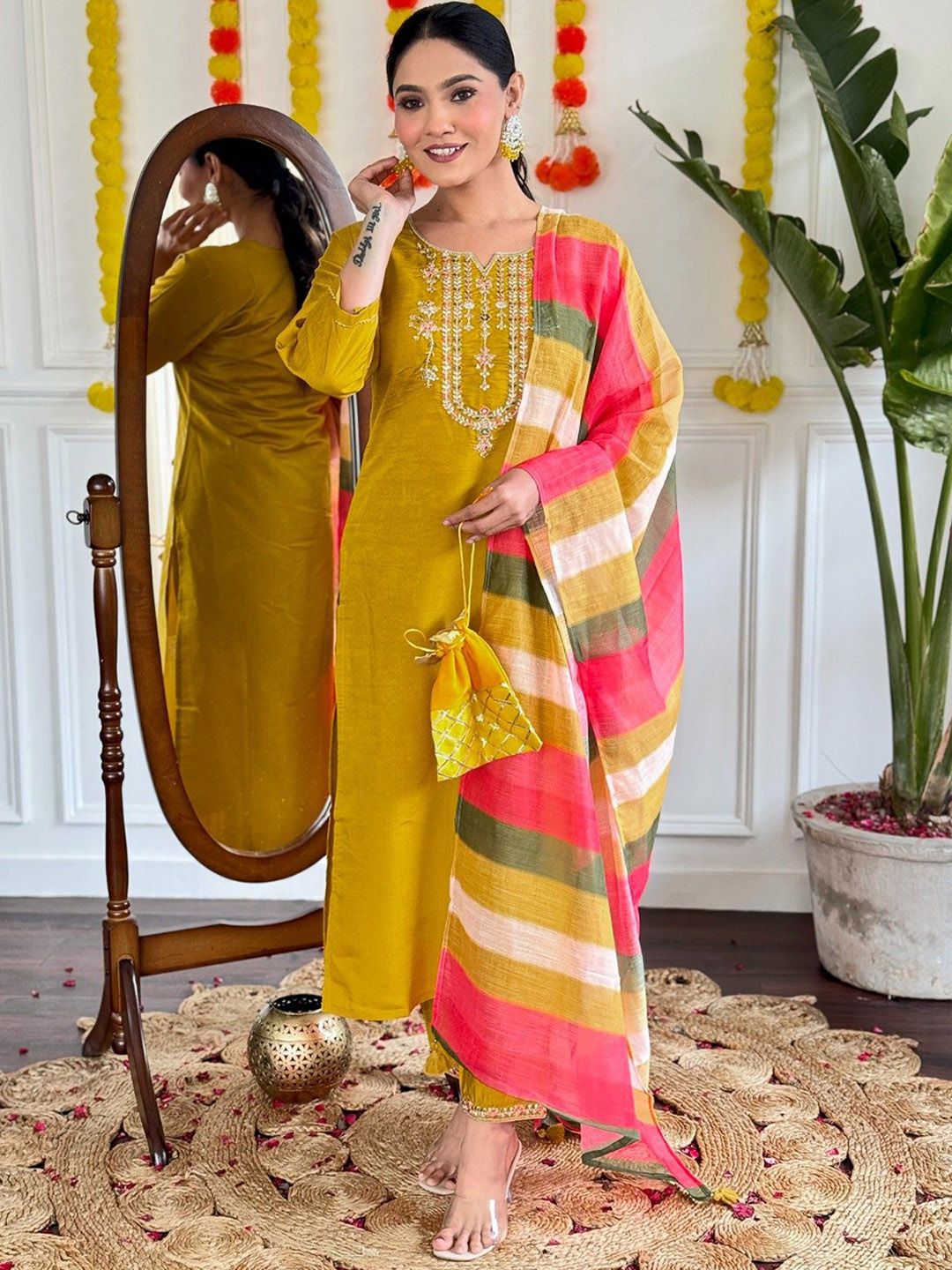 Moda Rapido Floral Embroidered Notch Neck Chanderi Silk Kurta With Trousers & Dupatta