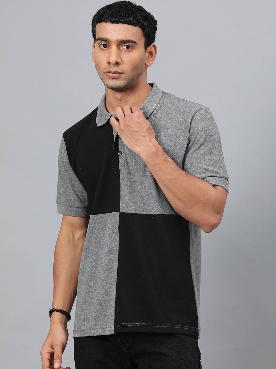 Stylecast X Kotty Grey & Black Colourblocked Polo Collar T-shirt-picture-54