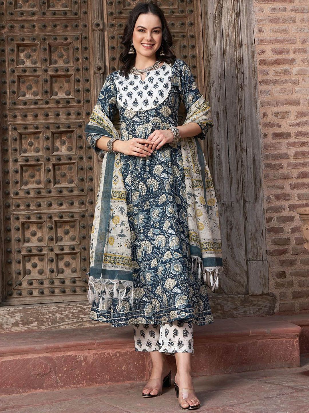 BANDIA Floral Printed Panelled Pure Cotton Anarkali Kurta With Trousers & Dupatta