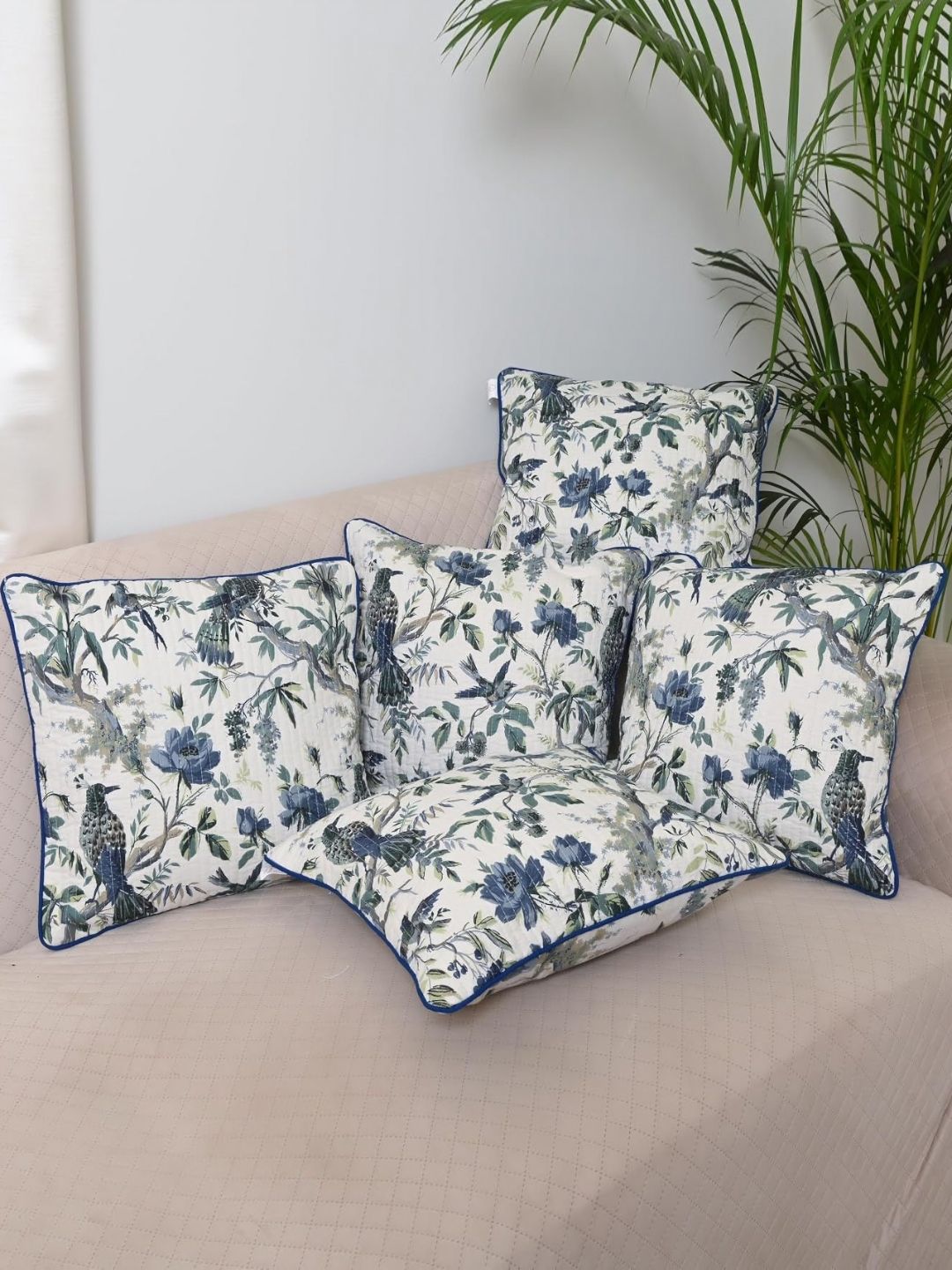 Jaipur Weaves Blue & Cream-Coloured 4 Pcs Floral Printed Square Cushion Covers-picture-10