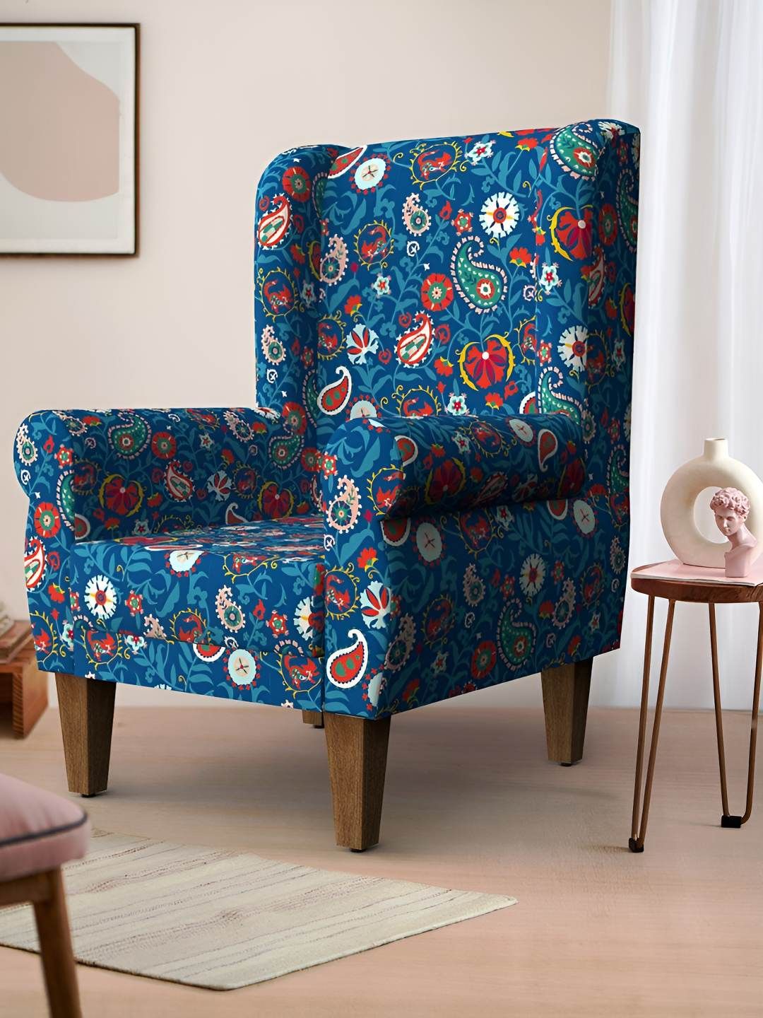 Chumbak Begum Blue Paisleys Printed Wing Chair