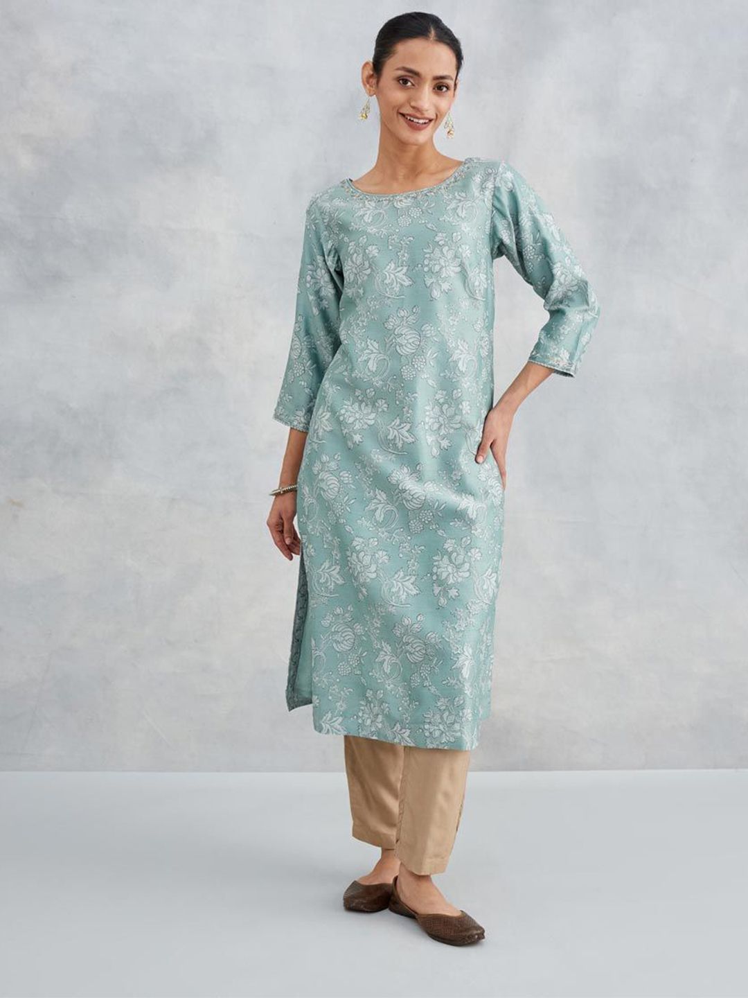 Fabindia Floral Printed Round Neck Sequinned Cotton Silk Straight Kurta-picture-58