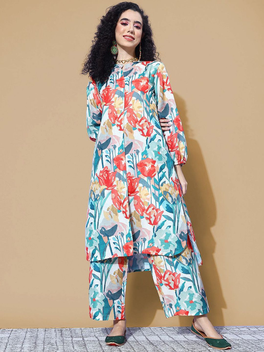 House of Pataudi Floral Printed Mandarin Collar Straight Kurta  With Trouser