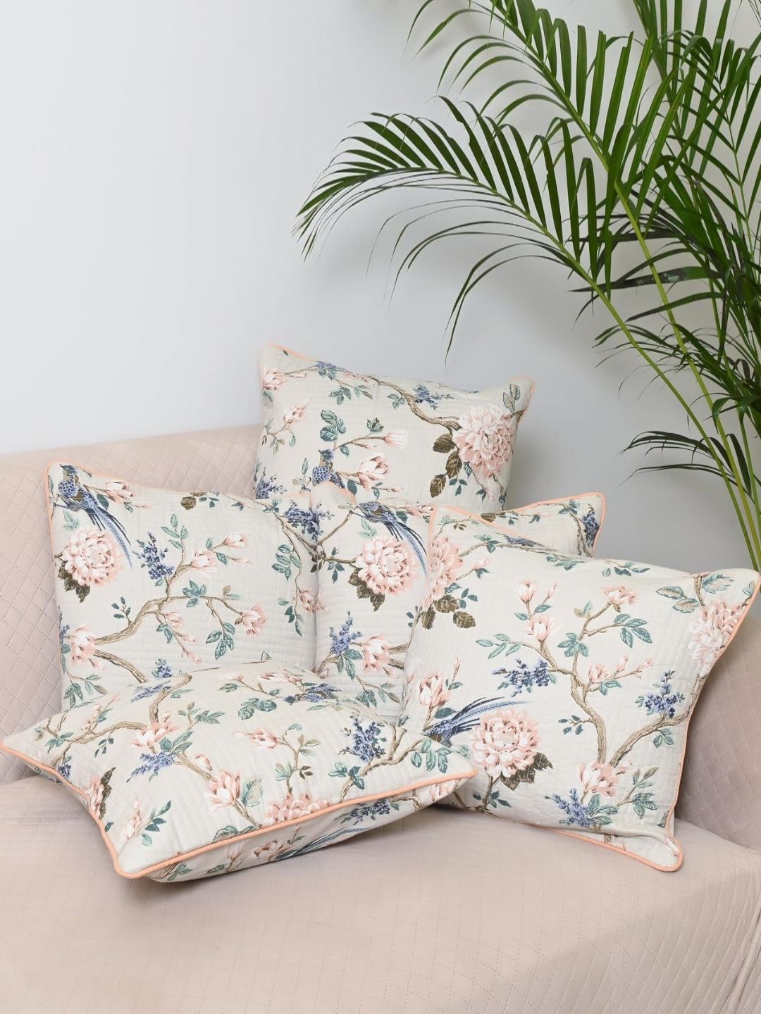 Jaipur Weaves Cream-Coloured & Green 4 Pcs Floral Printed Square Cushion Covers-picture-12