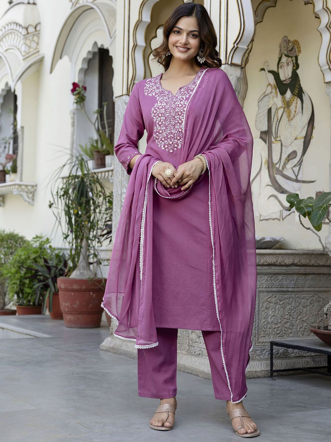 Anouk Floral Yoke Design Pure Cotton Kurta with Trousers & Dupatta