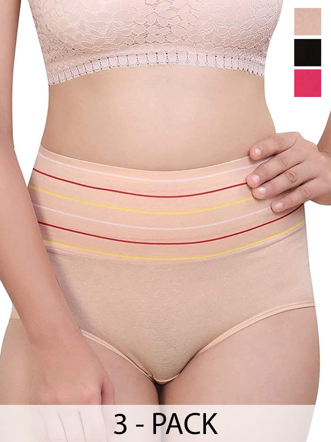 Taslar Pack Of 3 Striped Cotton Hipster Briefs 036TLARBREF_BLK_CRM_PNK-picture-26